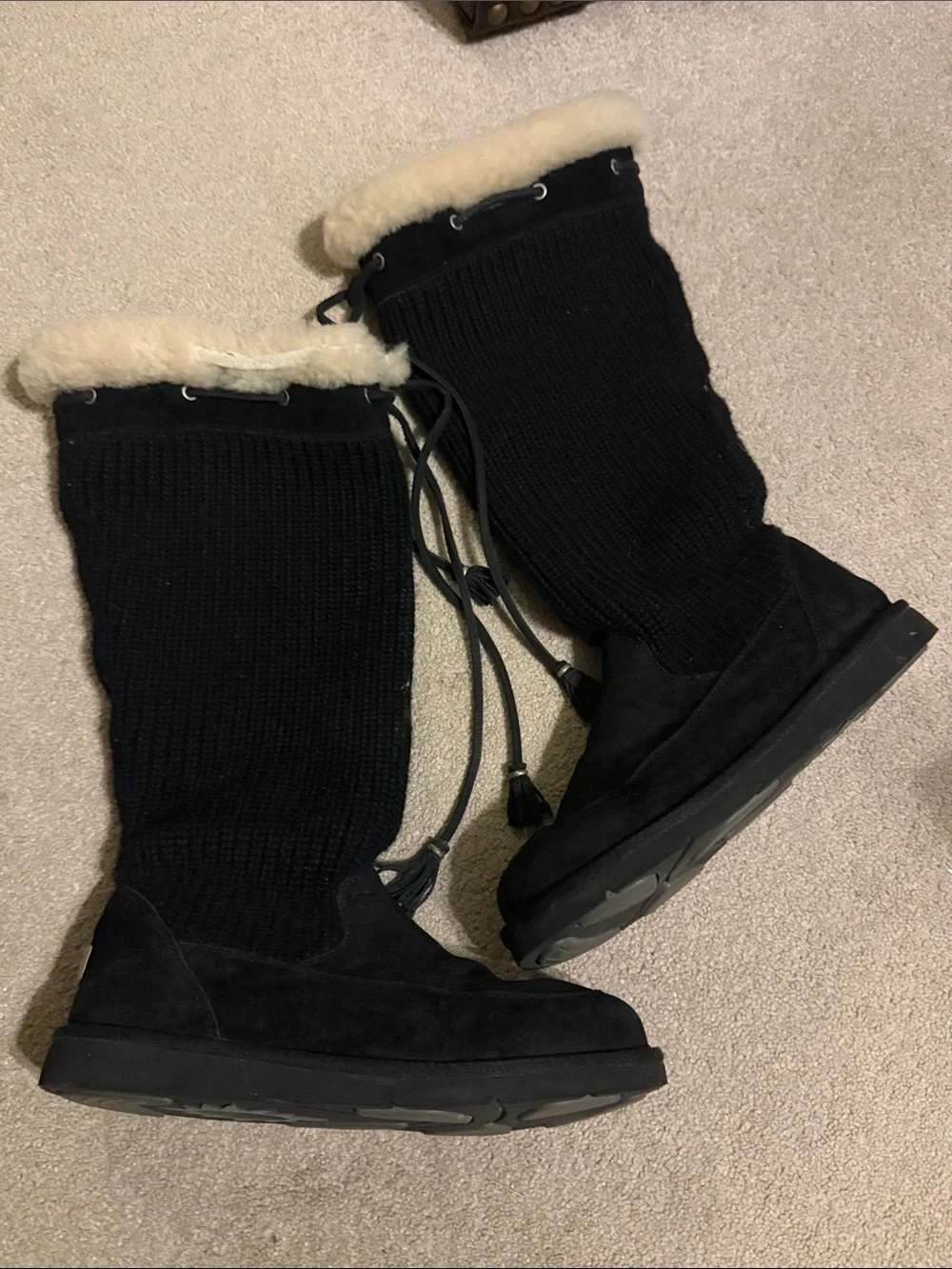 UGG Suburb Crochet Knit Leather Boots Black Size 10